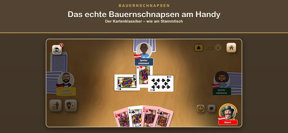 Bauernschnapsen am Tisch mit vier Spielern.