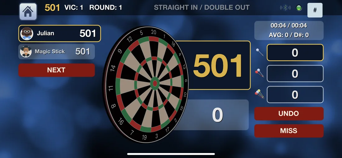 501-Punktestand mit Dartscheibe und schneller Punkteingabe.