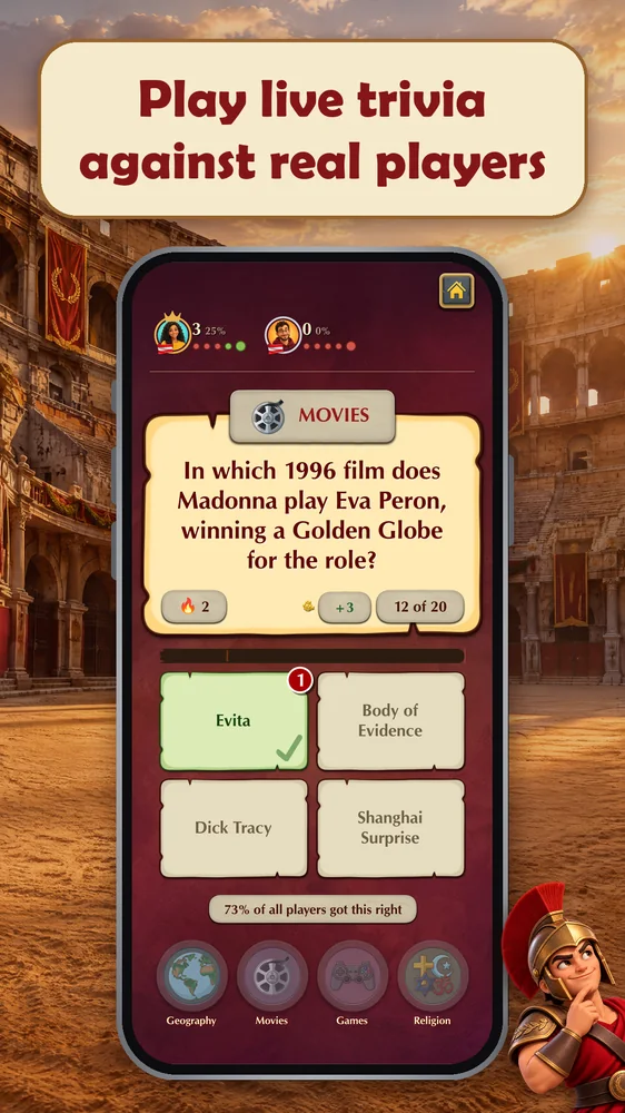 Live trivia questions and opponents ready for a match.